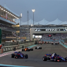 ABU DHABI, UNITED ARAB EMIRATES - NOVEMBER 25: Brendon Hartley of New Zealand driving the (28) Scuderia Toro Rosso STR13 Honda leads Pierre Gasly of France and Scuderia Toro Rosso driving the (10) Scuderia Toro Rosso STR13 Honda on the formation lap before the Abu Dhabi Formula One Grand Prix at Yas Marina Circuit on November 25, 2018 in Abu Dhabi, United Arab Emirates.  (Photo by Peter Fox/Getty Images) // Getty Images / Red Bull Content Pool  // AP-1XMDZV4XW2111 // Usage for editorial use only // Please go to www.redbullcontentpool.com for further information. //
