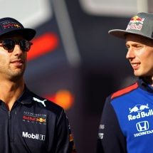 MONTMELO, SPAIN - MAY 11: Daniel Ricciardo of Australia and Red Bull Racing talks with Brendon Hartley of New Zealand and Scuderia Toro Rosso in the Paddock after practice for the Spanish Formula One Grand Prix at Circuit de Catalunya on May 11, 2018 in Montmelo, Spain.  (Photo by Dan Istitene/Getty Images) // Getty Images / Red Bull Content Pool  // AP-1VMRSCW2H1W11 // Usage for editorial use only // Please go to www.redbullcontentpool.com for further information. //